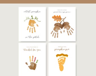May include: A Fall Keepsake Bundle featuring four white cards with handprint and footprint art. Designs include a pumpkin, acorns, a turkey, and a slice of pumpkin pie with text: Cutest pumpkin in the patch, From tiny hands great things grow, This little turkey is thankful for you, and Sweeter than pumpkin pie.