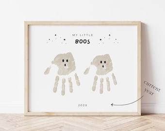 My Little Boos 2 Ghost Handprints Art, Two Kids Halloween Handprint Craft Printable, Fall Siblings Twins, Easy Activity for Baby and Toddler