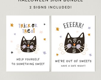 Halloween Signs for Trick or Treaters, Two Signs Bundle, Black Cat Eek Out of Sweets, Oh Boo Sorry We Missed You, Out of Candy Bowl Sign