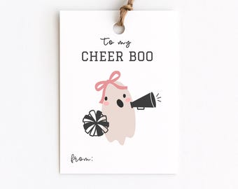 Cheer Boo Halloween Gift Tags for Cheer Squad Fall Party Favor Bags, Cheer Team Ghouls with Pink Bow, Pom Pom, Girly Cheerleader Ghost Tags