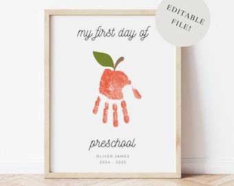 Impronta della mano di Apple per il primo giorno di scuola / Stampabile e modificabile per il ritorno a scuola / Ricordo dell'impronta della mano per la scuola materna e l'asilo