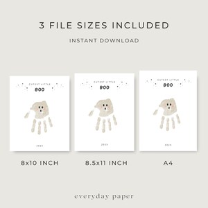 Puede incluir: Tres impresiones blancas con un dise&ntilde;o de fantasma de huella de mano y el texto "Cutest Little Boo". Las impresiones est&aacute;n disponibles en tama&ntilde;os de 8x10 pulgadas, 8.5x11 pulgadas y A4. Las palabras "3 TAMA&Ntilde;OS DE ARCHIVO INCLUIDOS" y "DESCARGA INSTANT&Aacute;NEA" est&aacute;n en la parte superior.