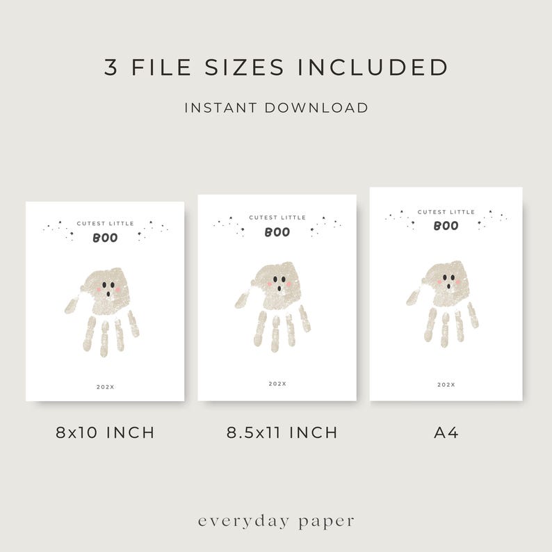 Puede incluir: Tres impresiones blancas con un dise&ntilde;o de fantasma de huella de mano y el texto "Cutest Little Boo". Las impresiones est&aacute;n disponibles en tama&ntilde;os de 8x10 pulgadas, 8.5x11 pulgadas y A4. Las palabras "3 TAMA&Ntilde;OS DE ARCHIVO INCLUIDOS" y "DESCARGA INSTANT&Aacute;NEA" est&aacute;n en la parte superior.