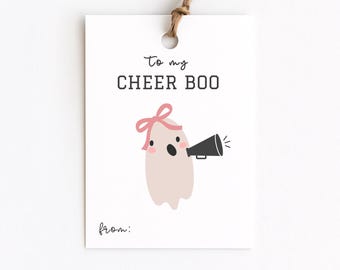 Cheer Boo Halloween Gift Tags for Cheer Squad Fall Party Favor Bags, Cheer Team Coach Gift, Bow and Megaphone, Girly Cheerleader Ghost Tags