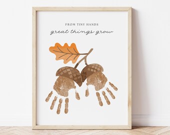 Acorn Handprint Art Craft, Easy Fall Handprint Craft for 1 or 2 Kids, Autumn Leaves Toddler Preschool Kindergarten Daycare Printable