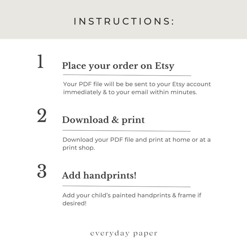 May include: Instructions for a printable product, with numbered steps. The text reads: Place your order on Etsy, Download & print, and Add handprints! The product is from everyday paper.