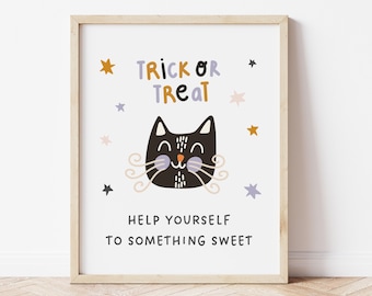 Halloween Sign for Trick or Treaters, Trick or Treat Help Yourself Something Sweet, Sorry We Missed You, Black Cat Candy Bowl Welcome Sign