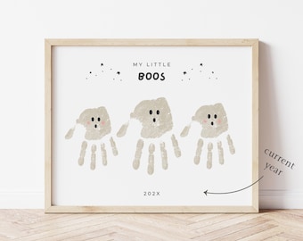 My Little Boos 3 Ghost Handprints Art, Three Kids Halloween Handprint Craft Printable, Siblings, Triplets, Easy Activity for Baby Toddler
