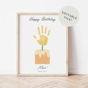 Bolo de aniversário editável, artesanato com impressão de mão, cartão de aniversário feito à mão para crianças pequenas ou bebês, cartão personalizado Feliz Cumpleaños