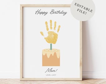 Editable Birthday Cake Handprint Craft, Handmade Art Birthday Card from Kid Toddler or Baby, Feliz Cumpleaños Custom Personalized Card