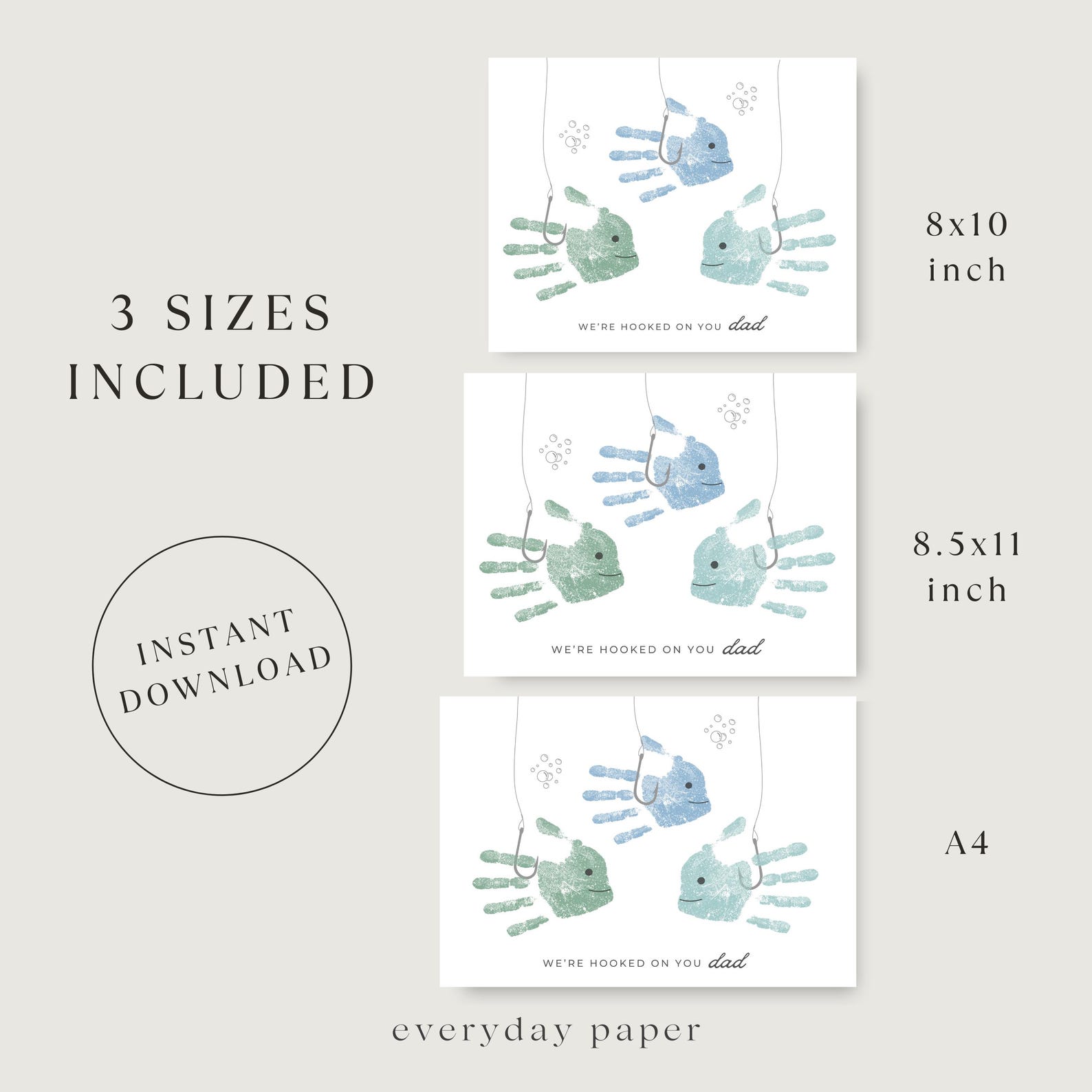 Hooked on Dad Fishing Handprints Art Printable for 3 Kids, Fishing