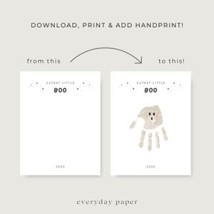 Puede incluir: Una obra de arte imprimible con tem&aacute;tica de Halloween. El dise&ntilde;o presenta el texto "CUTEST LITTLE BOO" y el a&ntilde;o "202X". La imagen muestra una huella de mano transformada en un fantasma. El texto "DOWNLOAD, PRINT & ADD HANDPRINT!" est&aacute; en la parte superior.