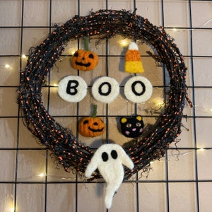 Handcraft Needle Felt Garland Wreath Halloween Decoration Ornament Door Hang - Pumpkin, Ghost, Candy Corn, Black Cat- &quot;Boo! Not so Scary&quot;