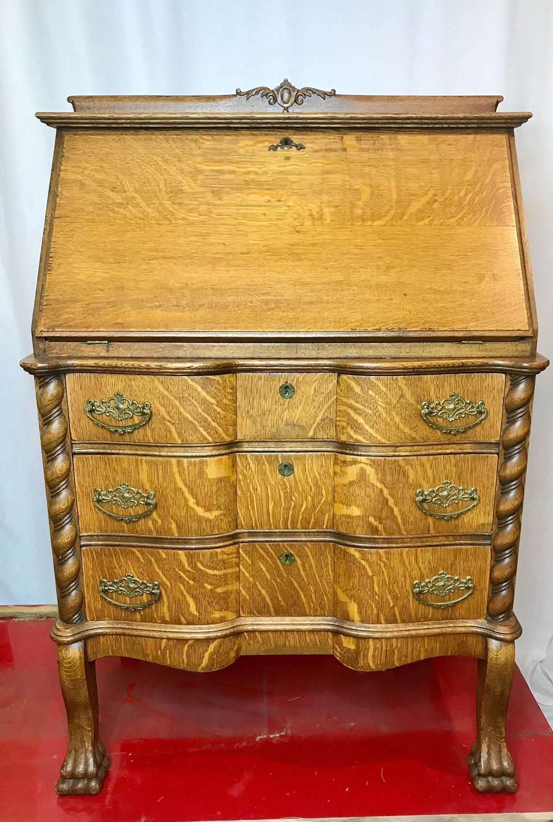 Antique Tiger Oak Drop Front Secretary Desk Etsy