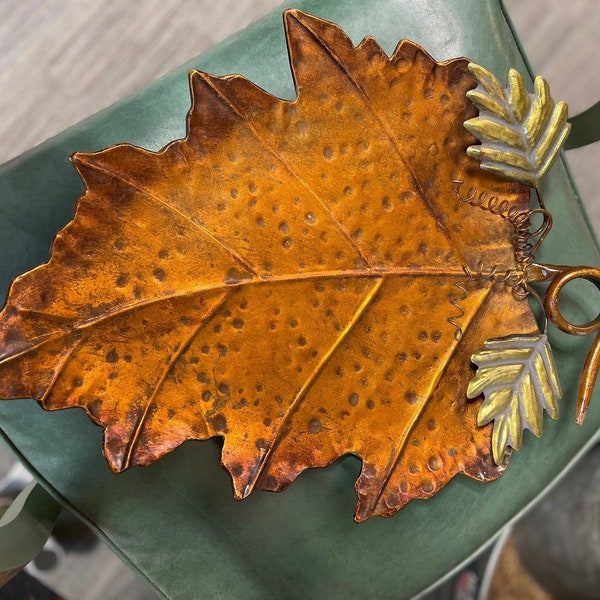 Mid Century Copper Finish Leaf Platter with Handle | Vintage Leaf Tray | Fruit Dish | Catch-all