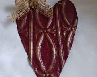 Country Heart wall art handcut and upcycled from antique metal ceiling tile painted deep red with copper highlights.