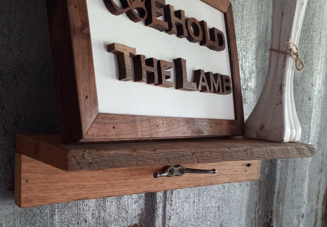 Small Rustic Solid Oak Wall Shelf With Hooks Etsy