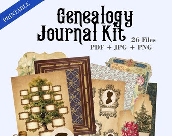 Op de afbeelding: Een printbare genealogie-journaalset met 26 bestanden in PDF-, JPG- en PNG-formaten. De set bevat afbeeldingen van een stamboom, silhouetten en decoratieve elementen.