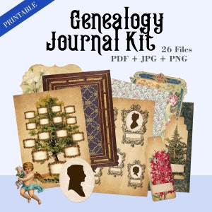 Vintage Genealogy Journal Kit (26 Printable JPG+PNG Pages) for Family History, Ancestry, Family Trees. Instant Digital Download.