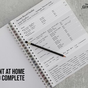 May include: A white and gray spiral bound notebook with a checklist for recording family history. The notebook has the title "Ancestor Record Checklist" and includes a section for "Find Names: Samantha 1870? Philadelphia".
