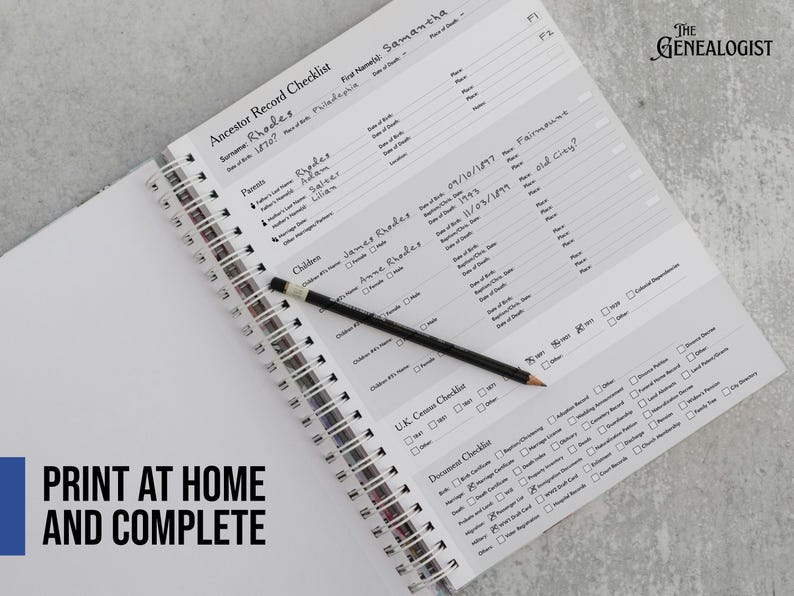 May include: A white and gray spiral bound notebook with a checklist for recording family history. The notebook has the title "Ancestor Record Checklist" and includes a section for "Find Names: Samantha 1870? Philadelphia".