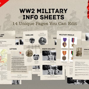 Genealogy Military Info Sheets (WW2) for Canva - 14 Unique Pages to Customize and Print iPad PC Ancestry Scrapbook Family History