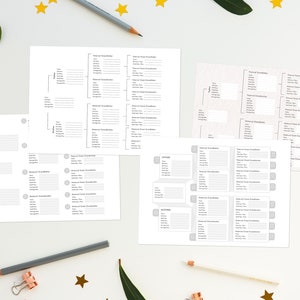 Op de afbeelding: Een set printbare stambomen om familiegeschiedenis vast te leggen. De stambomen zijn ontworpen om te worden ingevuld met namen, data en andere informatie over voorouders. De stambomen zijn georganiseerd in een boomstructuur, met de meest recente voorouder bovenaan en de oudste voorouders onderaan.