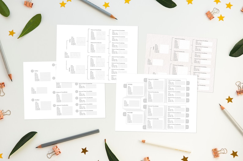 Op de afbeelding: Een set printbare stambomen om familiegeschiedenis vast te leggen. De stambomen zijn ontworpen om te worden ingevuld met namen, data en andere informatie over voorouders. De stambomen zijn georganiseerd in een boomstructuur, met de meest recente voorouder bovenaan en de oudste voorouders onderaan.