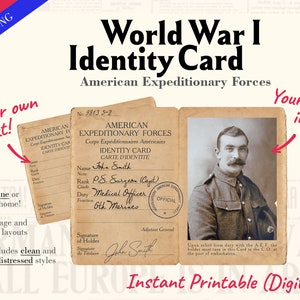WO1-identiteitskaart American Expeditionary Forces Militair recordsjabloon voor genealogie en familieonderzoek (Canva + printables) Eerste Wereldoorlog