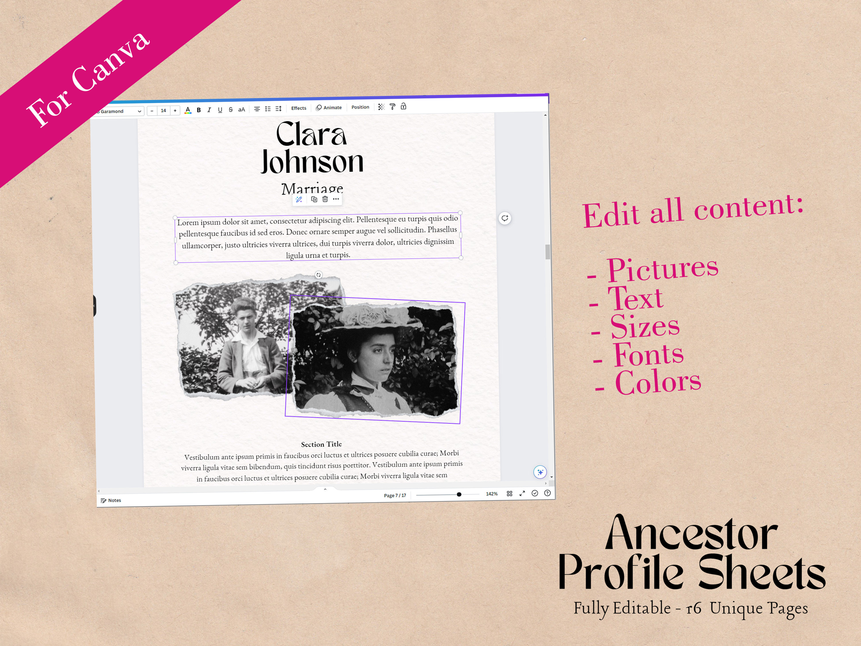 Genealogy Ancestor Profile Sheets for Canva 16 Unique Pages to ...