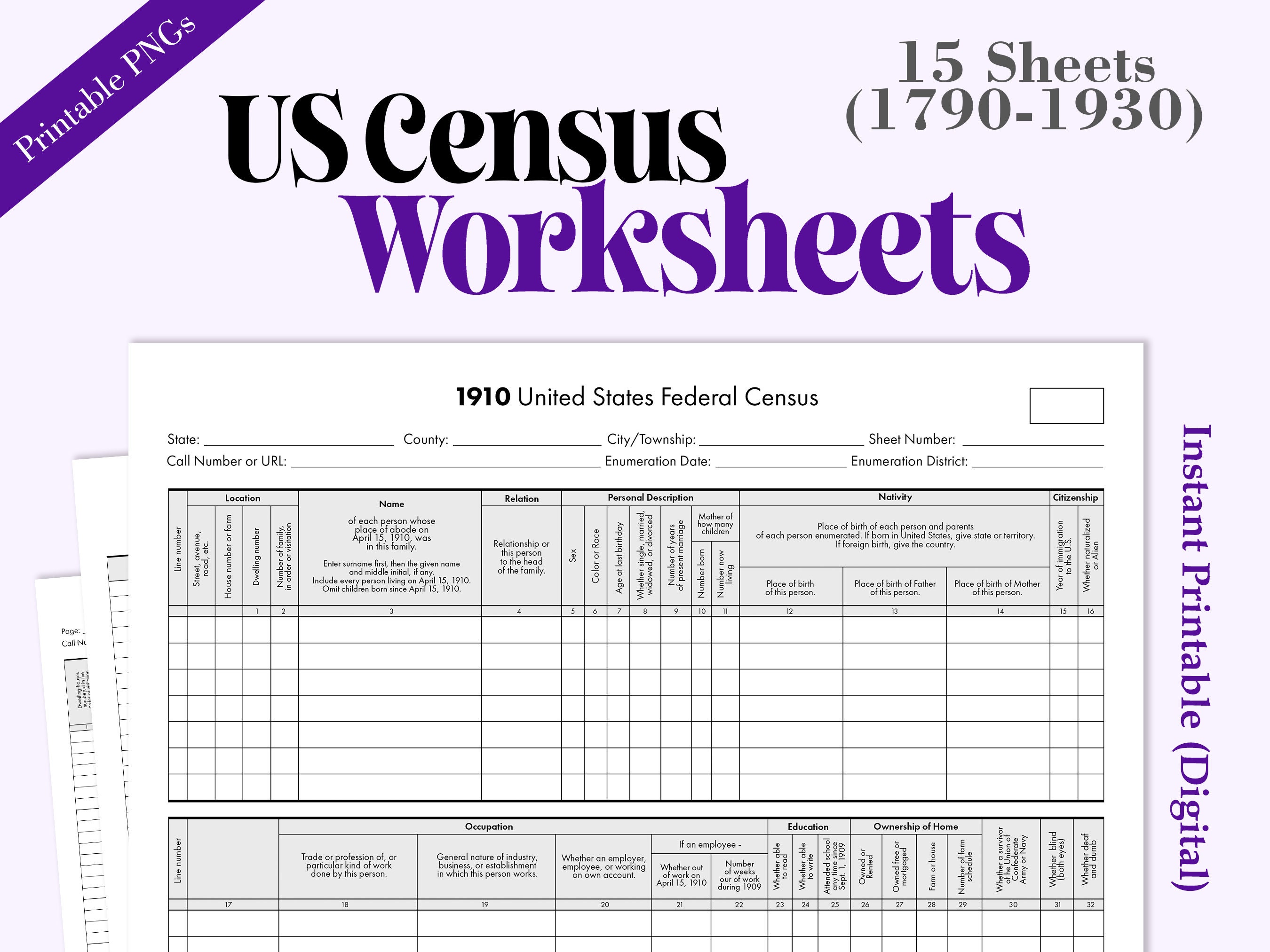 Genealogy U.S. Census Worksheets for Ancestry Research 1790-1930 Jpgs ...