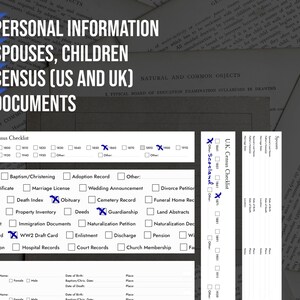 May include: A checklist for US and UK census records, including information on personal details, spouses, children, and documents. The checklist includes sections for different years and types of records, such as birth certificates, marriage licenses, and death indexes.