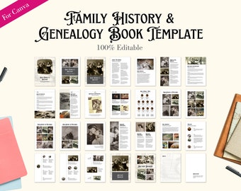 May include: A digital template for a family history and genealogy book. The template is 100% editable and includes pages for photos, family trees, and stories. The template is designed for use with Canva.