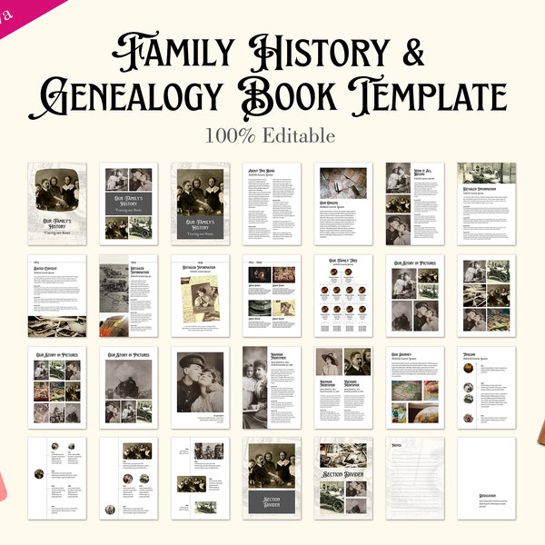 Généalogie Family History Scrapbook pour Canva - 59 pages à personnaliser et imprimer iPad PC Ancestry Scrapbook