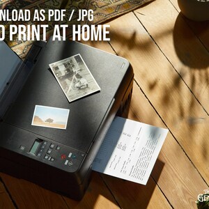 May include: A black printer with a white sheet of paper coming out of the paper tray. The printer is sitting on a wooden floor with a rug in the background. The text "DOWNLOAD AS PDF / JPG AND PRINT AT HOME" is visible at the top of the image.