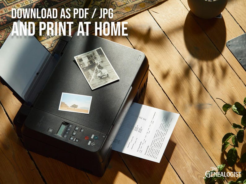 May include: A black printer with a white sheet of paper coming out of the paper tray. The printer is sitting on a wooden floor with a rug in the background. The text "DOWNLOAD AS PDF / JPG AND PRINT AT HOME" is visible at the top of the image.