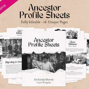 Genealogy Ancestor Profile Sheets for Canva - 16 Unique Pages to Customize and Print iPad PC Ancestry Scrapbook Family History