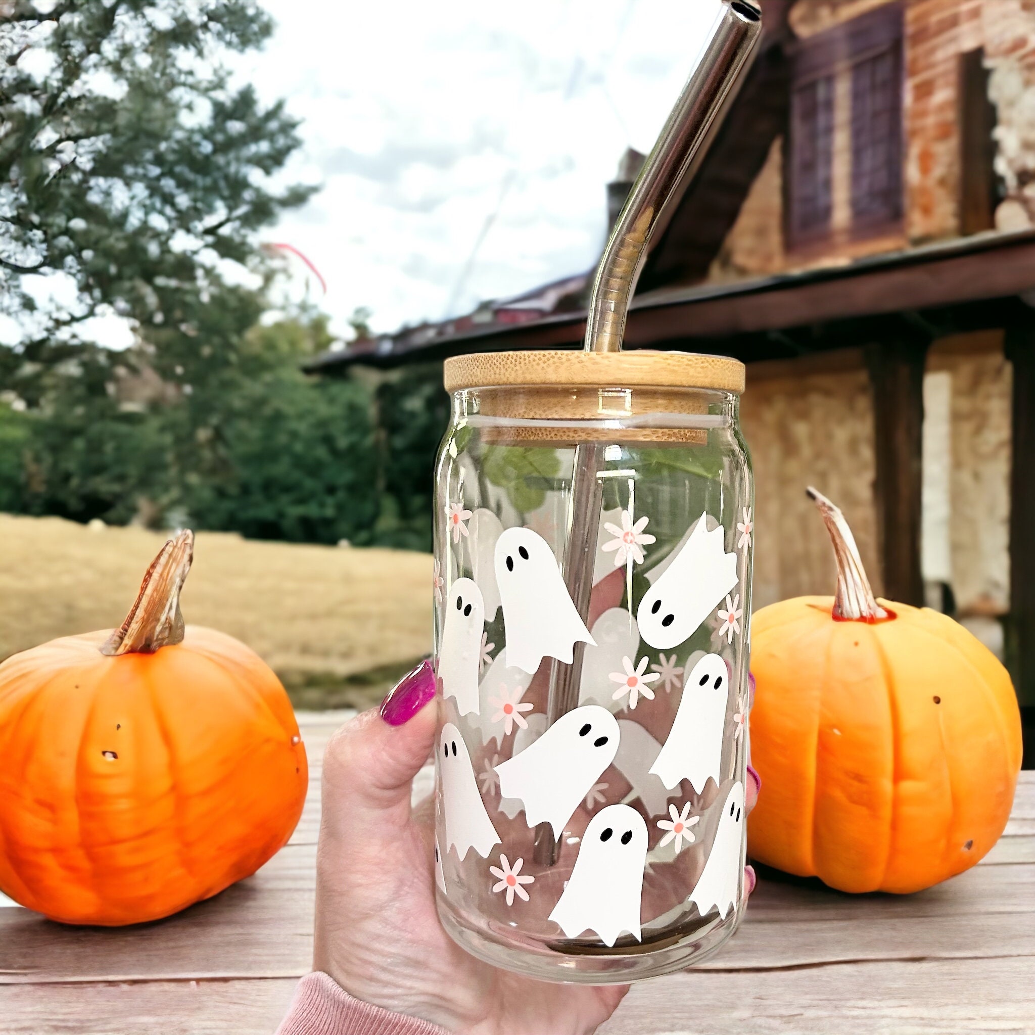 Ghost and Flowers Cup, Ghost Floral Cup, Halloween Cup with Lid and Gl –  Powered By Daisies