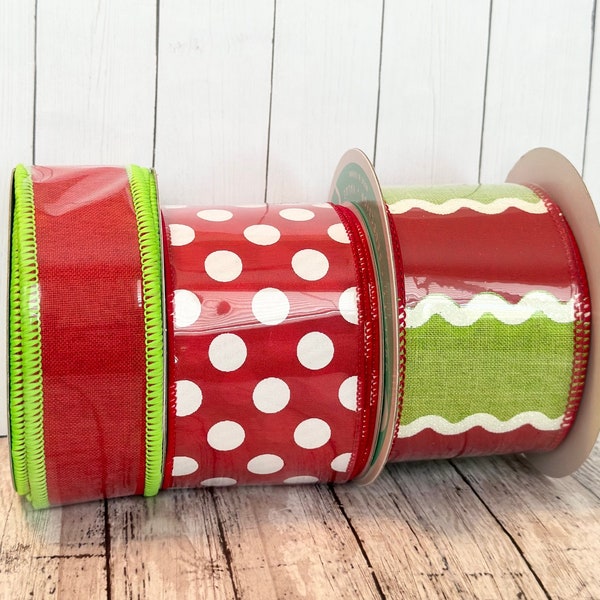 NEW!! Ribbon Bundle for Christmas - Whimsical Lime Green and Red Christmas Decor Wreath Making Supplies