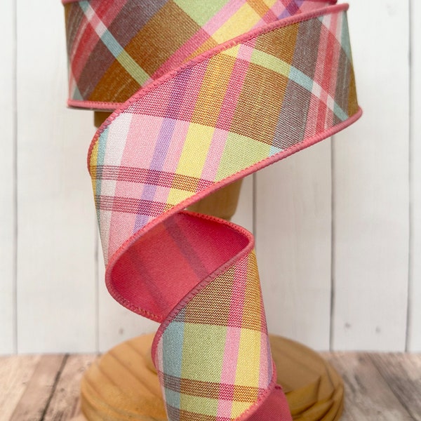 NEW!! Faux Dupioni Diagonal Plaid Pink Back Lt Pink Robin Egg Green Yellow Wired Ribbon for Wreaths or Bows 1.5" x 10 YARD ROLL