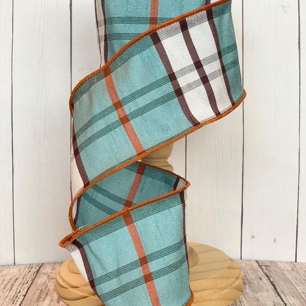 NEW!! Plaid Faux Dupioni Turquoise Black White Dark Orange Wired Ribbon for Wreaths or Bows 2.5" x 10 YARD ROLL