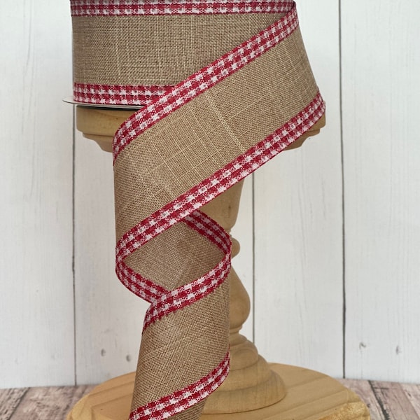 RESTOCKED!! Royal Burlap with Red Gingham Edge Wired Ribbon for Wreaths or Bows 1.5" x 10 YARD ROLL