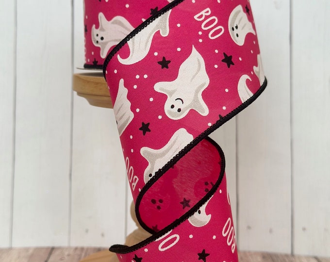NEW!! Boo Ghosts Hot Pink Wired Ribbon for Wreaths or Bows 2.5