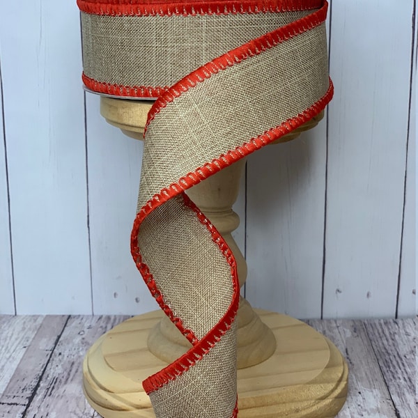 RESTOCKED!! Natural with Red Stitching Edge Valentine's Patriotic Fourth of July Wired Ribbon for Wreaths or Bows 1.5" x 10 YARD ROLL