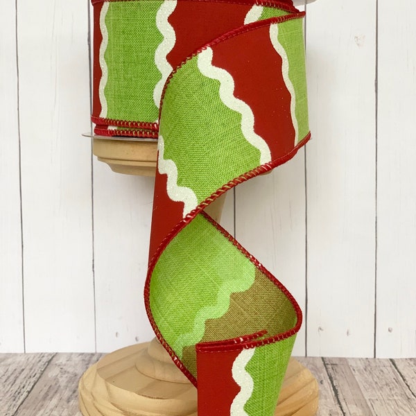 RESTOCKED!! Red Lime Green White Wavy Stripes Christmas Whimsical Wired Ribbon for Wreaths or Bows 2.5" x 10 YARD ROLL