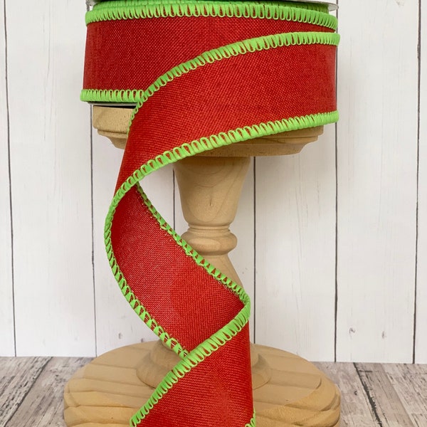 RESTOCKED!! Red Lime Green Royal Burlap with Stitch Edge Whimsical Christmas Wired Ribbon for Wreaths or Bows 1.5" x 10 YARD ROLL