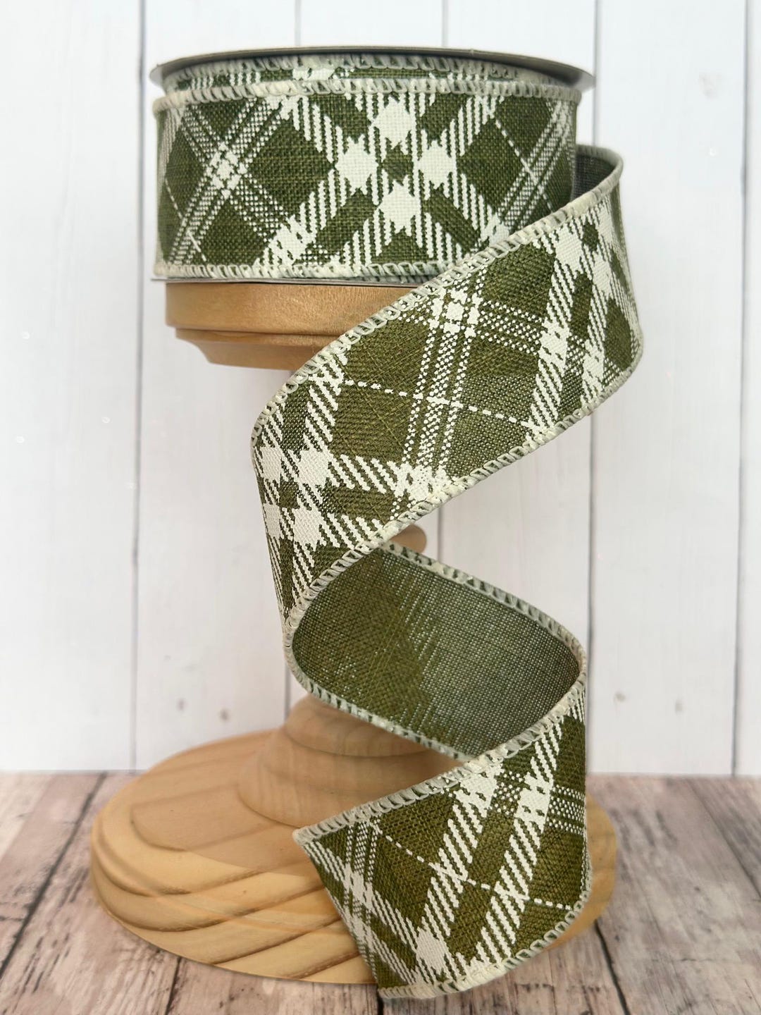 NEW!! Linen Hazel Diagonal Plaid Moss Green Wired Ribbon for Wreaths or ...