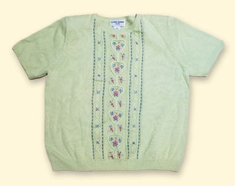 Pull en tricot vert grandmacore avec fleurs brodées Cottagecore Années 90 Années 90