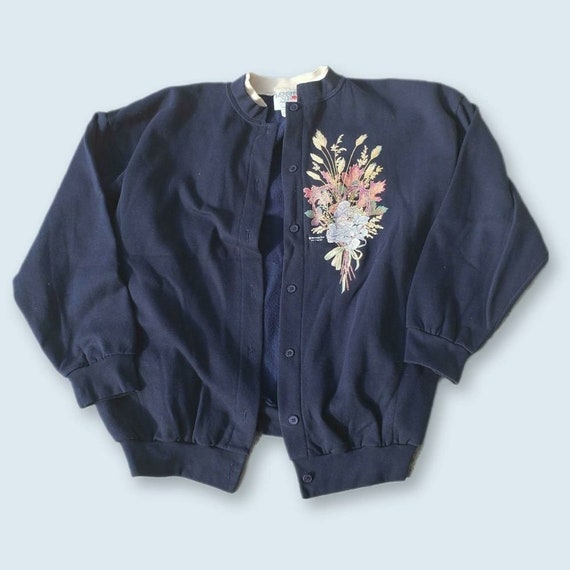 90s Cottagecore Grandmacore Navy Cardigan Floral … - image 1