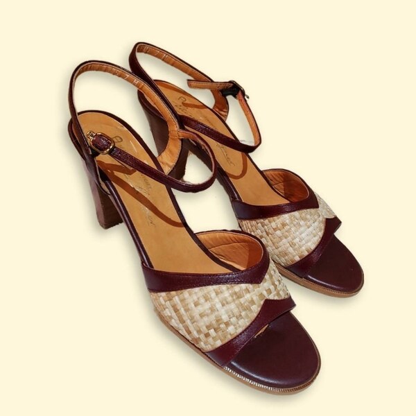 Vintage Cottagecore Boho Burgundy Leather Raffia Sandals Heeled